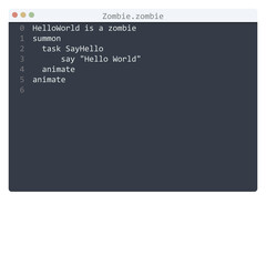 Zombie language Hello World program sample in editor window