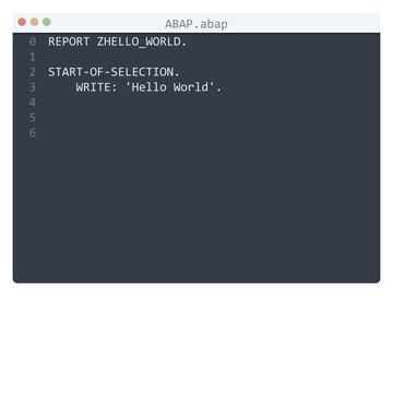 ABAP language Hello World program sample in editor window