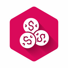 White Casino chip with dollar symbol icon isolated with long shadow background. Casino gambling. Pink hexagon button. Vector