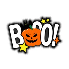 Boo lettering with scary pumpkin, bats, stars on background. Vector illustration 