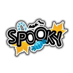 Spooky lettering for halloween. Candy, bats, leaves on background. Vector illustration 