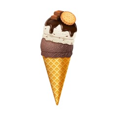 Realistic Detailed 3d Waffle Cone with Scoops of Ice Cream. Vector illustration of Icecream with Different Flavors