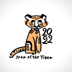 Fototapeta na wymiar Year of the Tiger 2022. Hand draw scribble logo. Tiger Zodiac symbol. Chinese New Year Greeting Card. Pattern tiger vector illustration. 