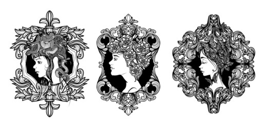 Tattoo art women set and flower hand drawing and sketch black and white