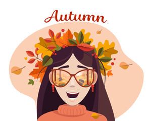 Cute girl with autumn leaves in hair and sunglasses reflecting autumn park. Vector illustration.