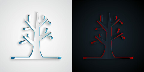 Paper cut Bare tree icon isolated on grey and black background. Paper art style. Vector