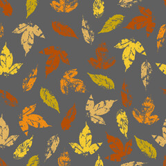 fallen autumn leaves vector seamless pattern stamps of natural leaves paint on paper. background for fabrics, prints, packaging and postcards