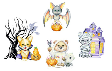 Bear cub, pumpkin with candy, bats, text booing. Watercolor clip art, for the holiday, Halloween, in cartoon style.