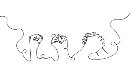 Hand gestures one line set art. Continuous line drawing of gesture, friendship, militancy, competition, victory.