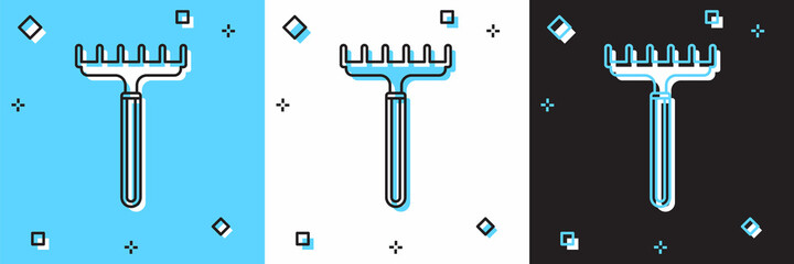 Set Garden rake icon isolated on blue and white, black background. Tool for horticulture, agriculture, farming. Ground cultivator. Housekeeping equipment. Vector