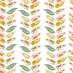 fallen autumn leaves in vertical rows vector seamless pattern of stamps of natural leaves paint on paper. background for fabric, prints, packaging and postcards