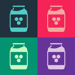 Pop art Jar of honey icon isolated on color background. Food bank. Sweet natural food symbol. Vector