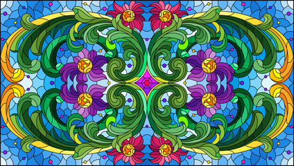Illustration in stained glass style with abstract flowers, leaves and curls on a blue background, rectangular horizontal image