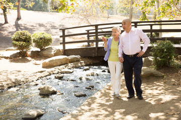 Senior couple standing beside stream