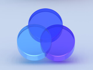 3D rendered venn diagram in blue colors. Illustration for technologies, analysis, or future designs. Visualization for data charts and concepts.