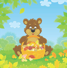 Obraz na płótnie Canvas Little brown bear mushroomer friendly smiling and sitting with a big wicker basket full of picked mushrooms on an autumn forest glade, vector cartoon illustration