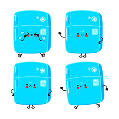 Funny cute happy fridge characters bundle set. Vector kawaii line cartoon style illustration. Cute fridge mascot character collection