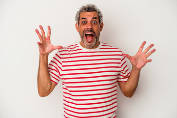 Middle age caucasian man isolated on white background  screaming to the sky, looking up, frustrated.