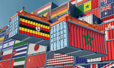 Freight containers with Morocco and Uganda national flags. 3D Rendering 
