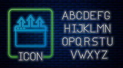 Glowing neon Browser window icon isolated on brick wall background. Neon light alphabet. Vector