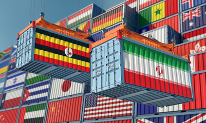 Freight containers with Iran and Uganda national flags. 3D Rendering 