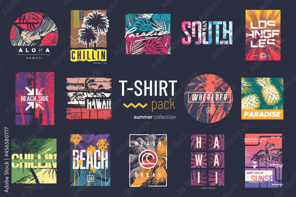 Poster Collection of fourteen colorful vector t-shirt summer designs, prints, illustrations