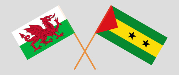Crossed flags of Wales and Sao Tome and Principe. Official colors. Correct proportion