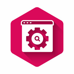 White Browser setting icon isolated with long shadow background. Adjusting, service, maintenance, repair, fixing. Pink hexagon button. Vector