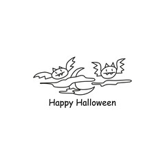 doodle Halloween poster with lettering and outline elements, bats, moon covered with clouds.  isolated on white background