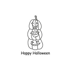 doodle Halloween poster with lettering and outline elements, three jack o lanterns standing on each other.  isolated on white background