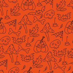 seamless pattern with doodle Halloween icons including mushroom, bat, bone, leaf, skull, jack o lantern, spiderweb, spider on orange background