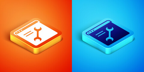 Isometric Browser setting icon isolated on orange and blue background. Adjusting, service, maintenance, repair, fixing. Vector