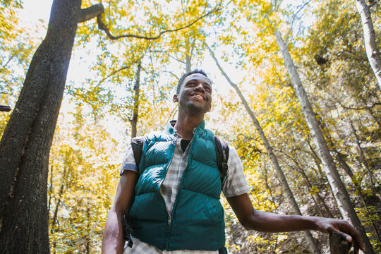 Young male hiker hiking in forest, Arcadia, California, USA