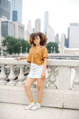 Woman leaning against stone baluster in front of Chicago skyline, Illinois