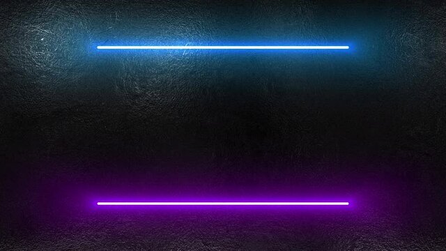 Two bright flashing neon lines of blue and purple on the old concrete wall, loopable stock video