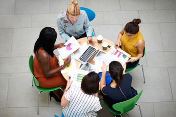 High angle view of business women sitting at table in meeting