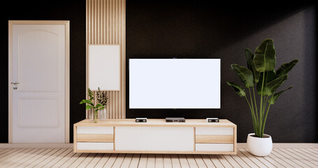 cabinet in modern empty room,black wall on wooden floor, 3d rendering