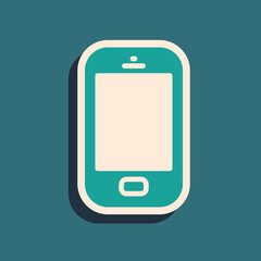 Green Smartphone, mobile phone icon isolated on green background. Long shadow style. Vector