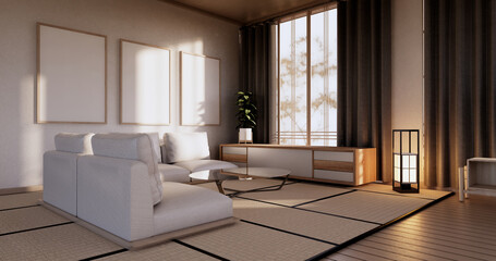 Cabinet in Living room with tatami mat floor and sofa armchair design.3D rendering