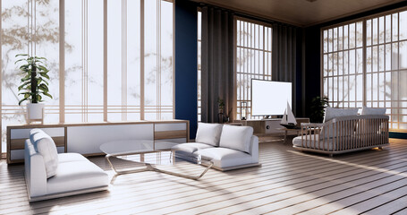 Obraz premium Cabinet in Living room with tatami mat floor and sofa armchair design.3D rendering