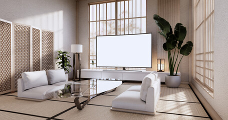 Fototapeta premium Cabinet wooden display design on room japanese minimalist living roon unterior, 3D rendering