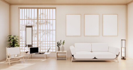 Fototapeta na wymiar Cabinet in Living room with tatami mat floor and sofa armchair design.3D rendering