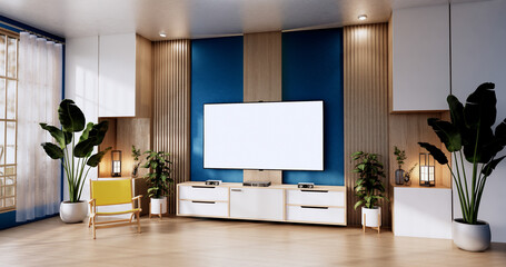 blue color room design interior with door paper and cabinet shelf wall on tatami mat floor room japanese style. 3D rendering