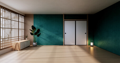 The vintage cabinet design, Green Living room with armchair japanese style.3D rendering