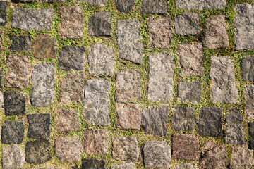 Street cobble stone pediment with dry grass top view