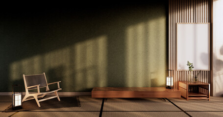 Cabinet wooden display design on Green room japanese minimalist living roon unterior, 3D rendering
