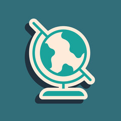 Green Earth globe icon isolated on green background. Long shadow style. Vector