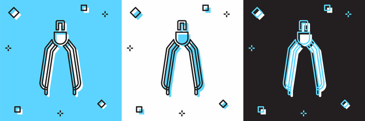 Set Drawing compass icon isolated on blue and white, black background. Compasses sign. Drawing and educational tools. Geometric instrument. Vector