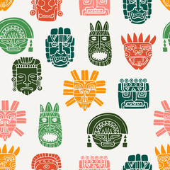 Seamless Pattern With Aztec, Maya Or Inca Traditional Masks. Hand Drawn Doodle Style. Colorful Print. White Background. Vector Illustration.
