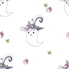 Halloween seamless vector pattern of ghost in witch hat